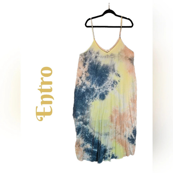 Entro Womens Maxi Dress Sz XL Tye Dye Beachy Boho Hippie Swiss Dot Adj. Straps - Picture 1 of 13